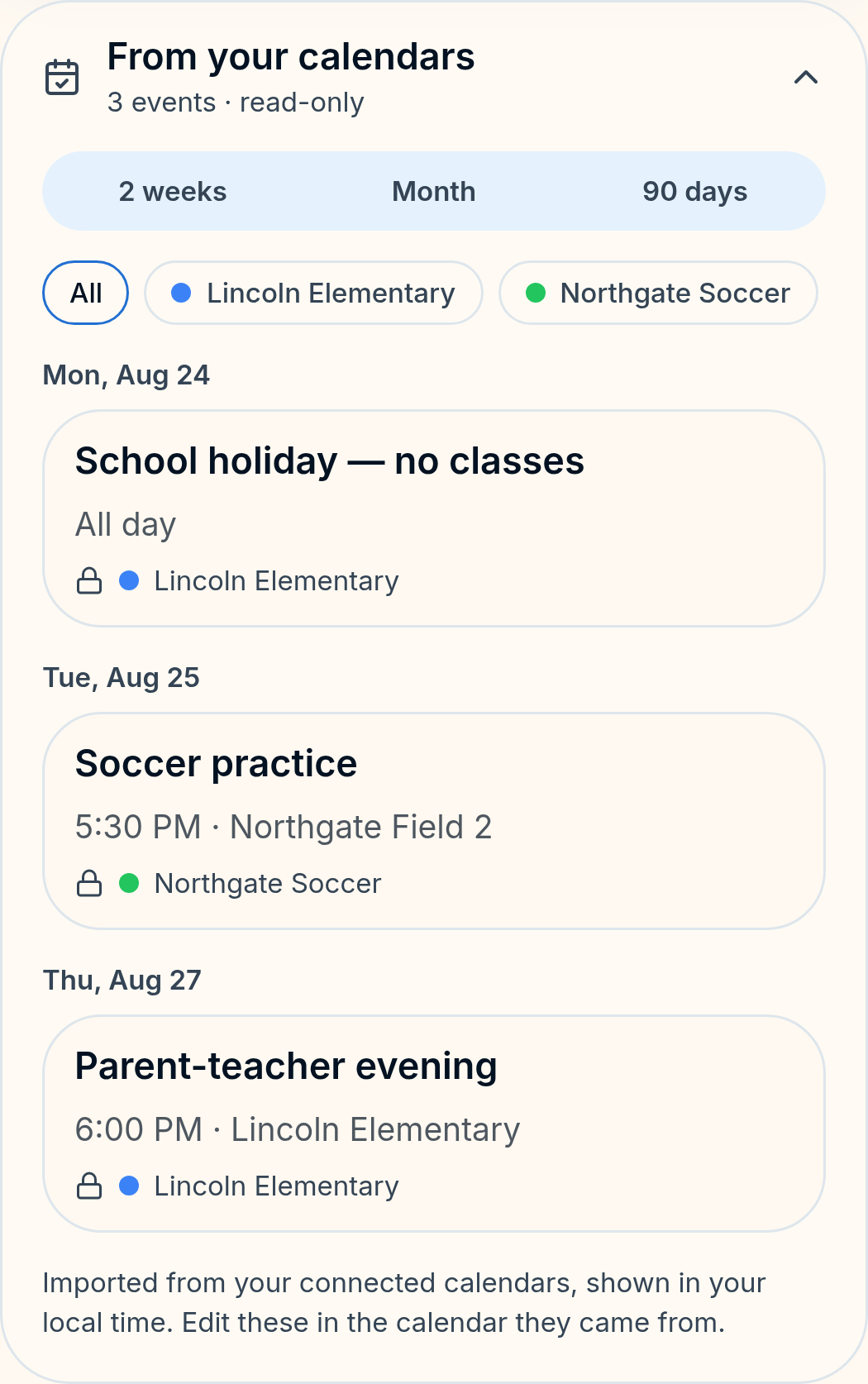 CircleNest showing read-only events from connected calendars — a school holiday, soccer practice and a parent-teacher evening — each labelled with the calendar it came from.