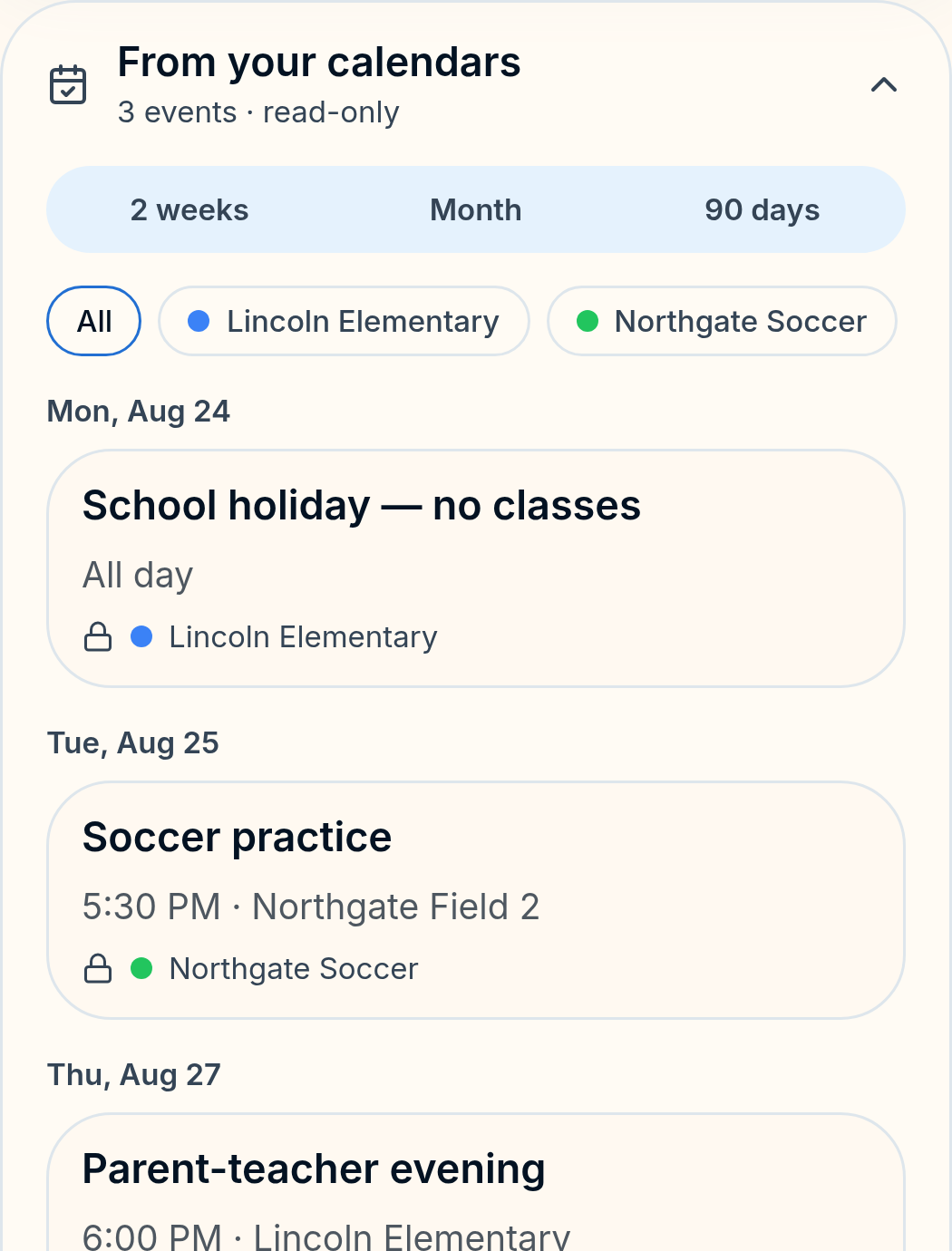 CircleNest showing read-only events from connected calendars — a school holiday, soccer practice and a parent-teacher evening — each labelled with the calendar it came from.
