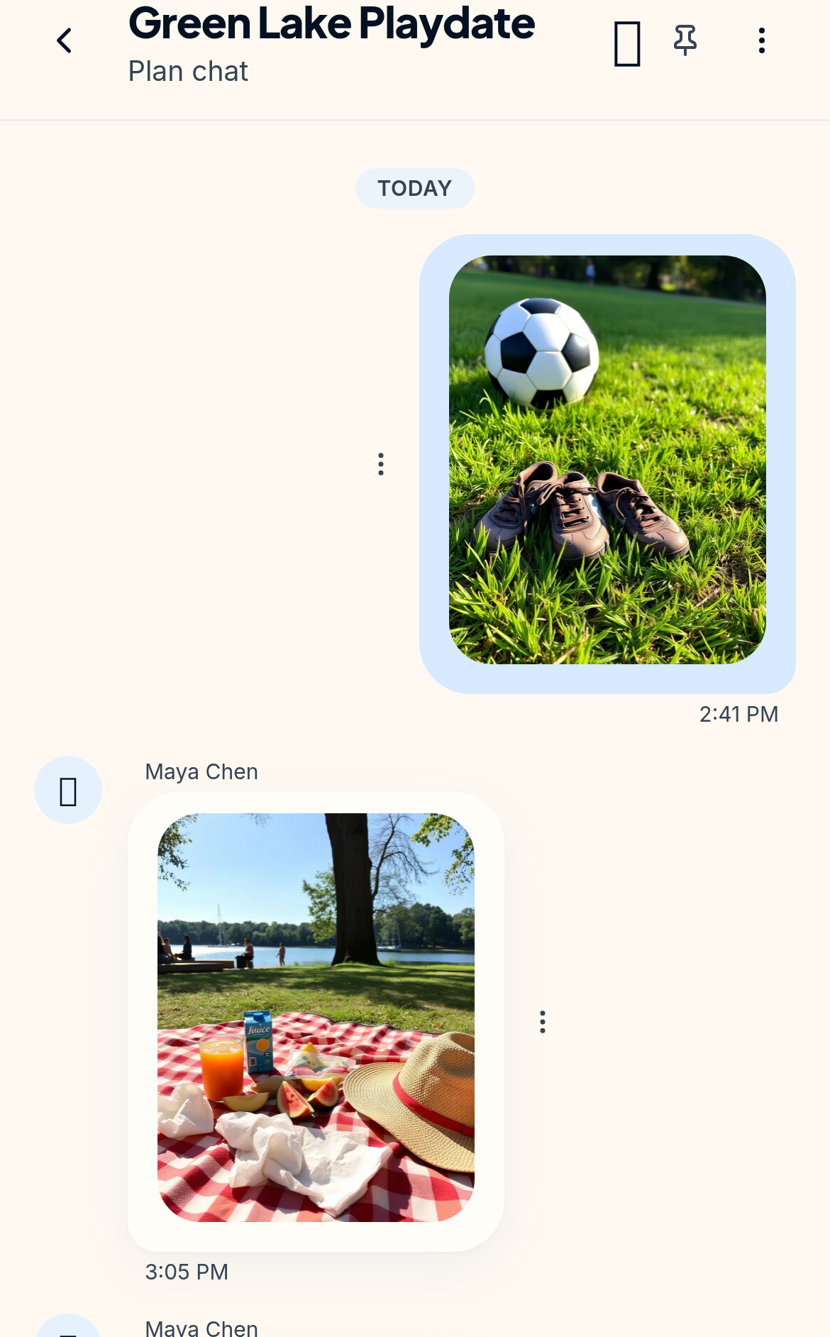 The conversation belonging to the Green Lake Playdate plan, with photos added by the families who were there.