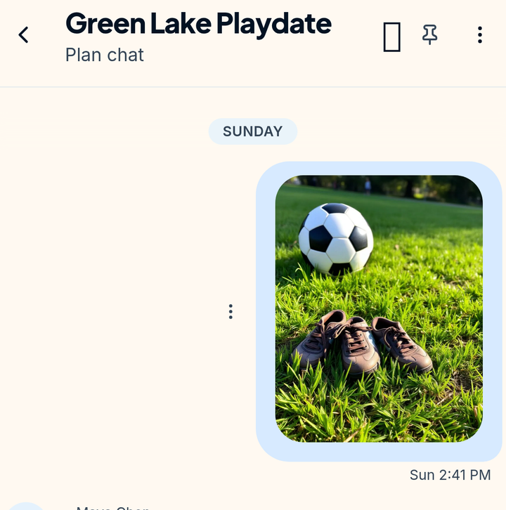 The conversation belonging to a playdate plan, with photos added by the families who were there.
