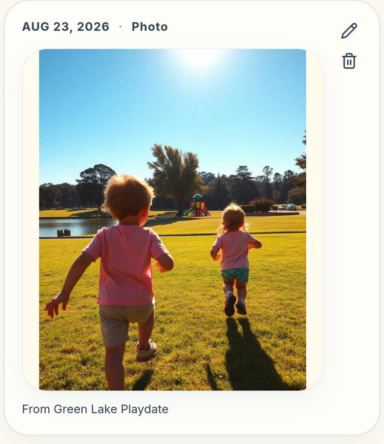 A kept photo in the CircleNest family timeline, dated and credited to the plan it came from.