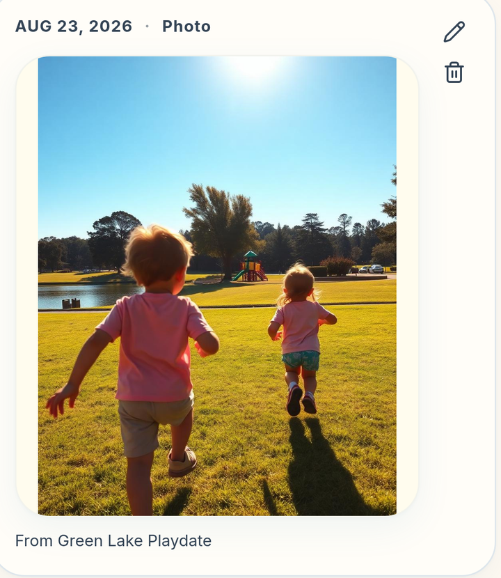 A kept photo in the CircleNest family timeline, dated and credited to the plan it came from.